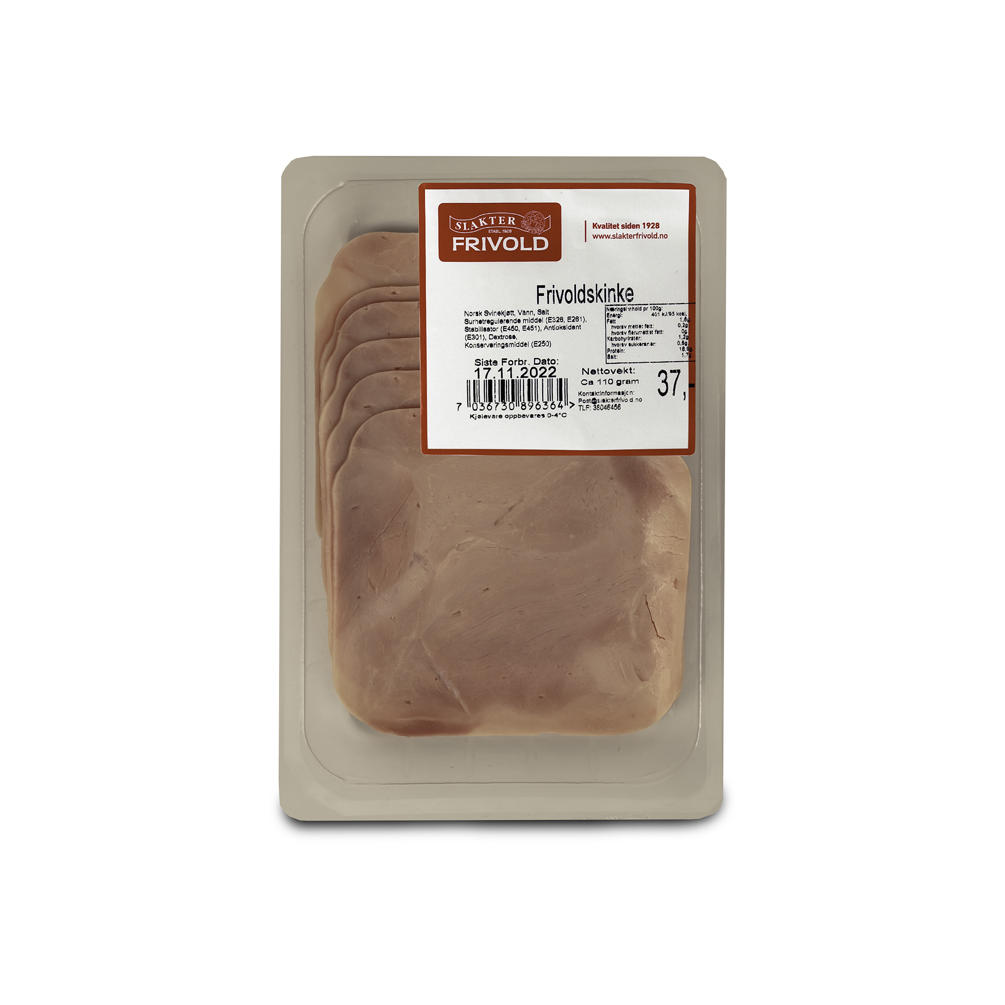 Illustrasjonsbilde - Slakter Frivold Frivoldskinke Pakkedisk Frivold 110g