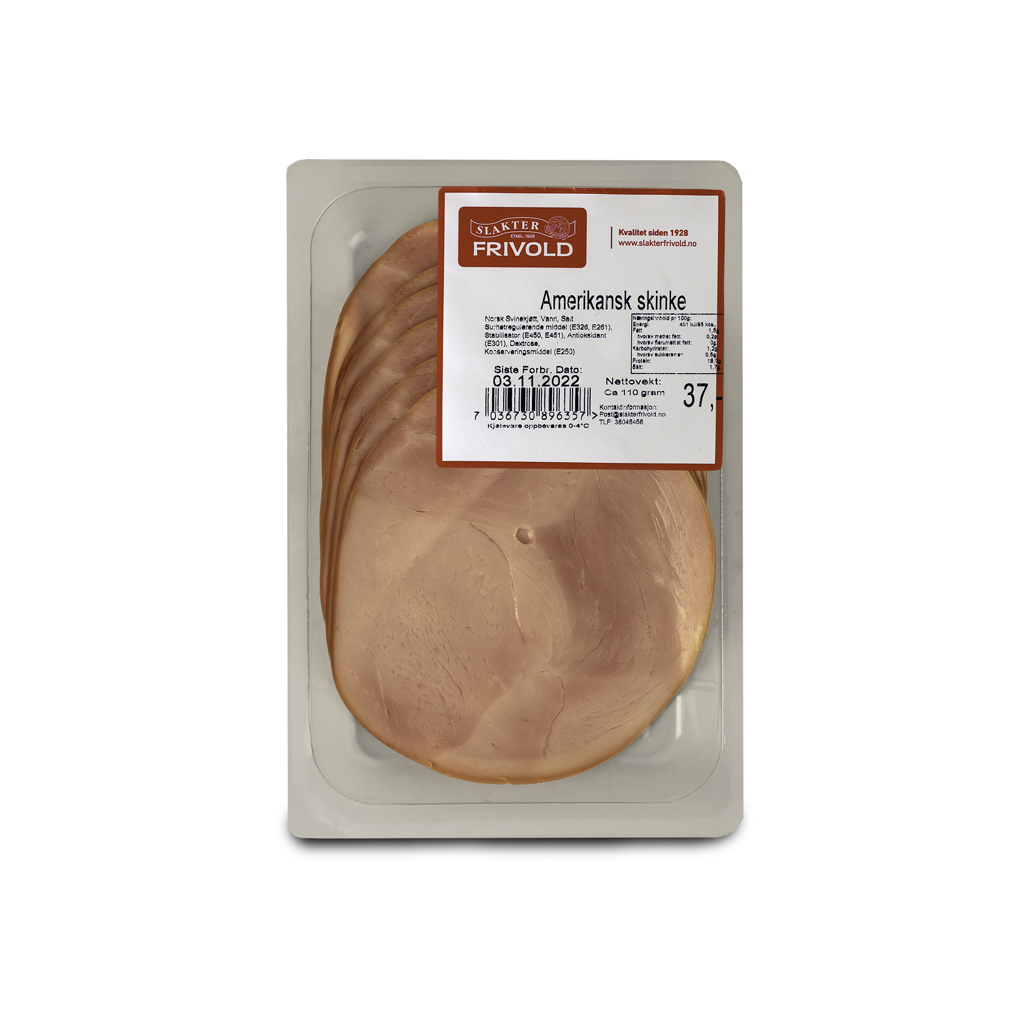 Illustrasjonsbilde - Slakter Frivold Amerikansk Skinke Pakkedisk Frivold 110g