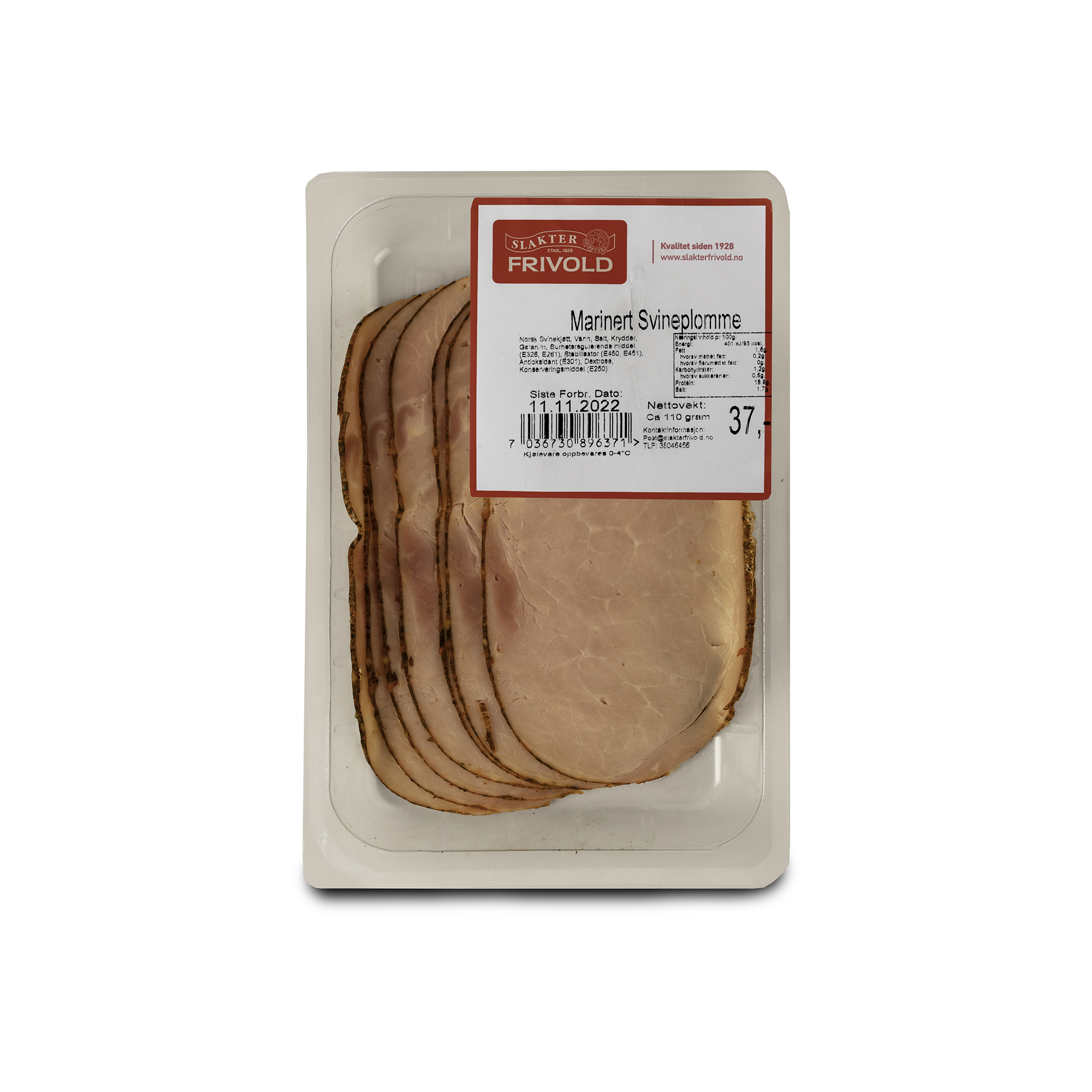 Illustrasjonsbilde - Slakter Frivold Marinert Svineplomme Pakkedisk Frivold 110g